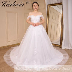 HEULORIA Boho Wedding Dress off shoulder lace applique bride dress plus size robe de mariee A line Wedding Bridal Gown AL-775A