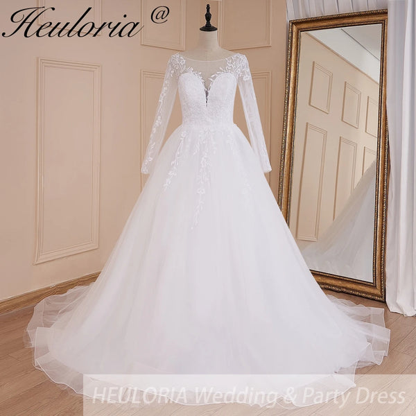 HEULORIA Elegant Lace Wedding Dress V neck long sleeve Vestidos de novia lace applique Bridal Dress A line  Wedding Gowns