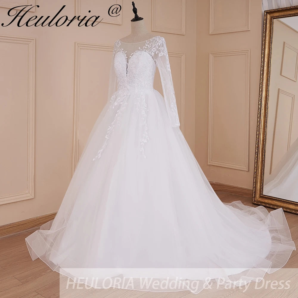 HEULORIA Elegant Lace Wedding Dress V neck long sleeve Vestidos de novia lace applique Bridal Dress A line  Wedding Gowns AL-572