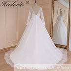 HEULORIA Elegant Lace Wedding Dress V neck long sleeve Vestidos de novia lace applique Bridal Dress A line  Wedding Gowns AL-572