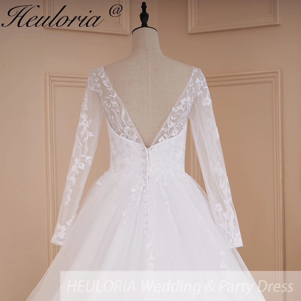 HEULORIA Elegant Lace Wedding Dress V neck long sleeve Vestidos de novia lace applique Bridal Dress A line  Wedding Gowns AL-572