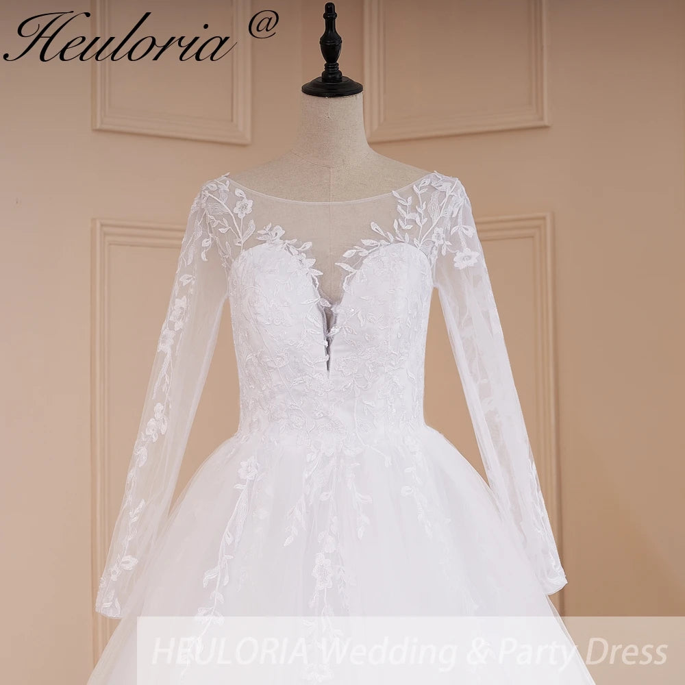 HEULORIA Elegant Lace Wedding Dress V neck long sleeve Vestidos de novia lace applique Bridal Dress A line  Wedding Gowns AL-572