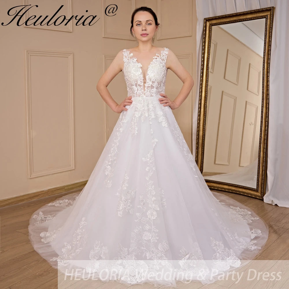 HEULORIA A-line V-Neck Court Train Lace Tulle Wedding Dress With Sequins Beading AL-608A Main image