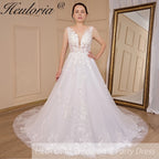 HEULORIA A-line V-Neck Court Train Lace Tulle Wedding Dress With Sequins Beading AL-608A