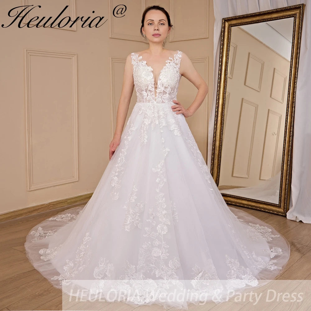 HEULORIA A-line V-Neck Court Train Lace Tulle Wedding Dress With Sequins Beading AL-608A