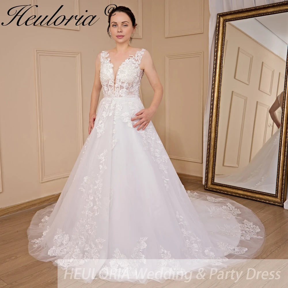 HEULORIA A-line V-Neck Court Train Lace Tulle Wedding Dress With Sequins Beading AL-608A