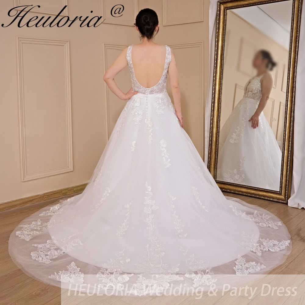 HEULORIA A-line V-Neck Court Train Lace Tulle Wedding Dress With Sequins Beading AL-608A