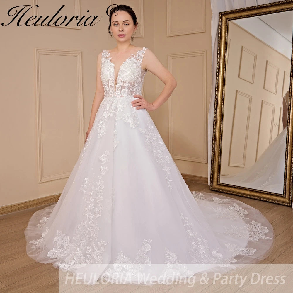 HEULORIA A-line V-Neck Court Train Lace Tulle Wedding Dress With Sequins Beading AL-608A