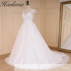 HEULORIA  Elegant lace applique ball gown princess Wedding Dress V neck plus size shinny skirt bridal dress robe de mariee BA-642