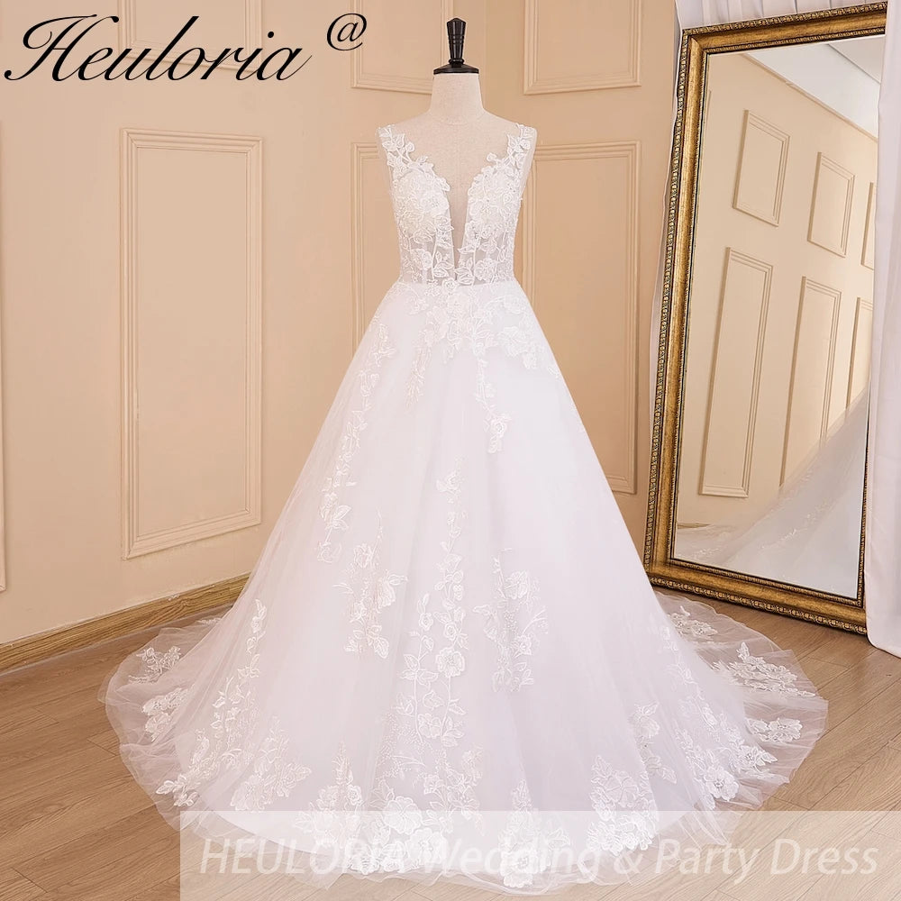 HEULORIA Elegant lace beading Boho Wedding Dress A line V neck  long train Wedding Bridal dress AL-608