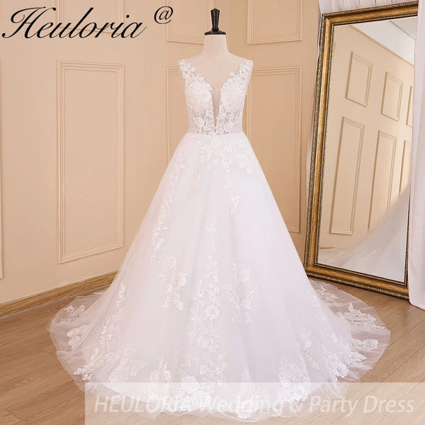 HEULORIA Elegant lace beading Boho Wedding Dress A line V neck  long train Wedding Bridal dress