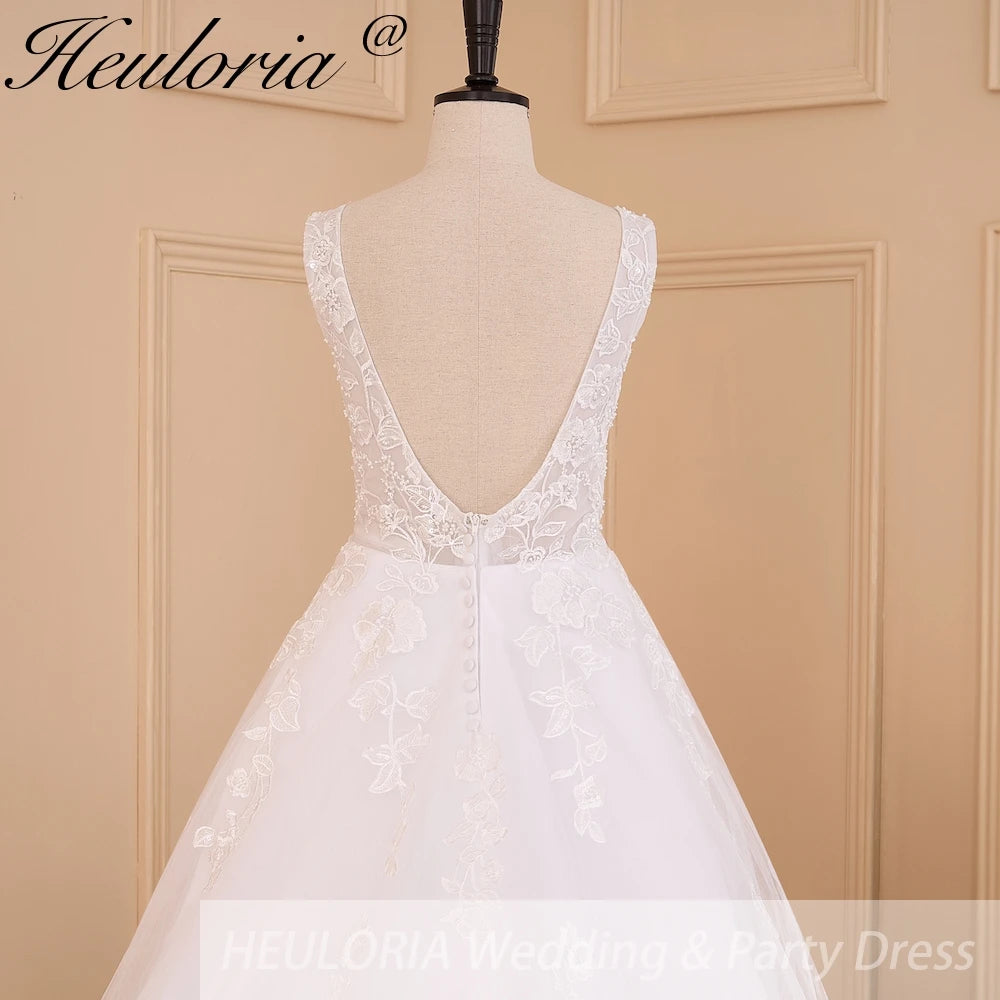 HEULORIA Elegant lace beading Boho Wedding Dress A line V neck  long train Wedding Bridal dress AL-608
