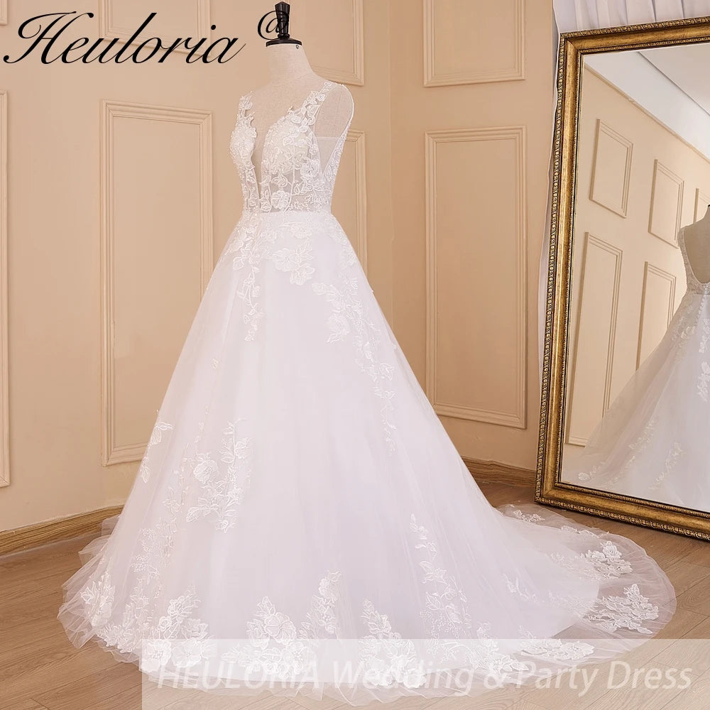 HEULORIA Elegant lace beading Boho Wedding Dress A line V neck  long train Wedding Bridal dress AL-608