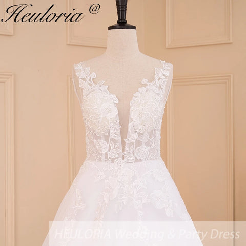 HEULORIA Elegant lace beading Boho Wedding Dress A line V neck  long train Wedding Bridal dress