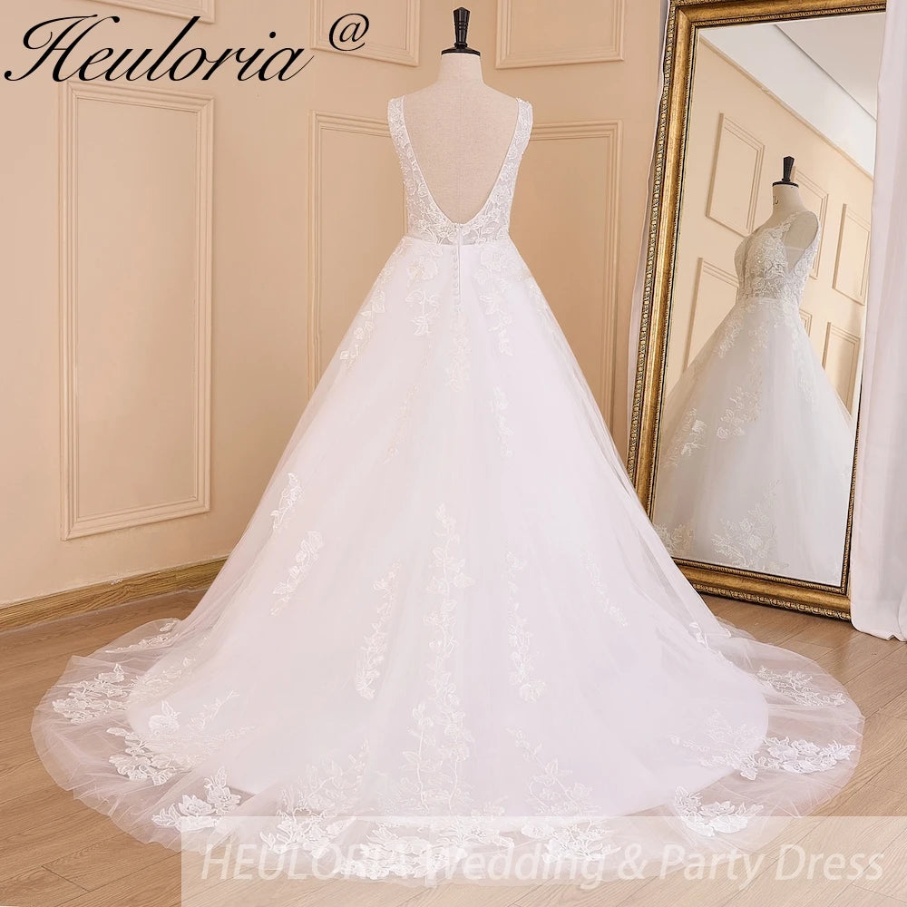 HEULORIA Elegant lace beading Boho Wedding Dress A line V neck  long train Wedding Bridal dress AL-608