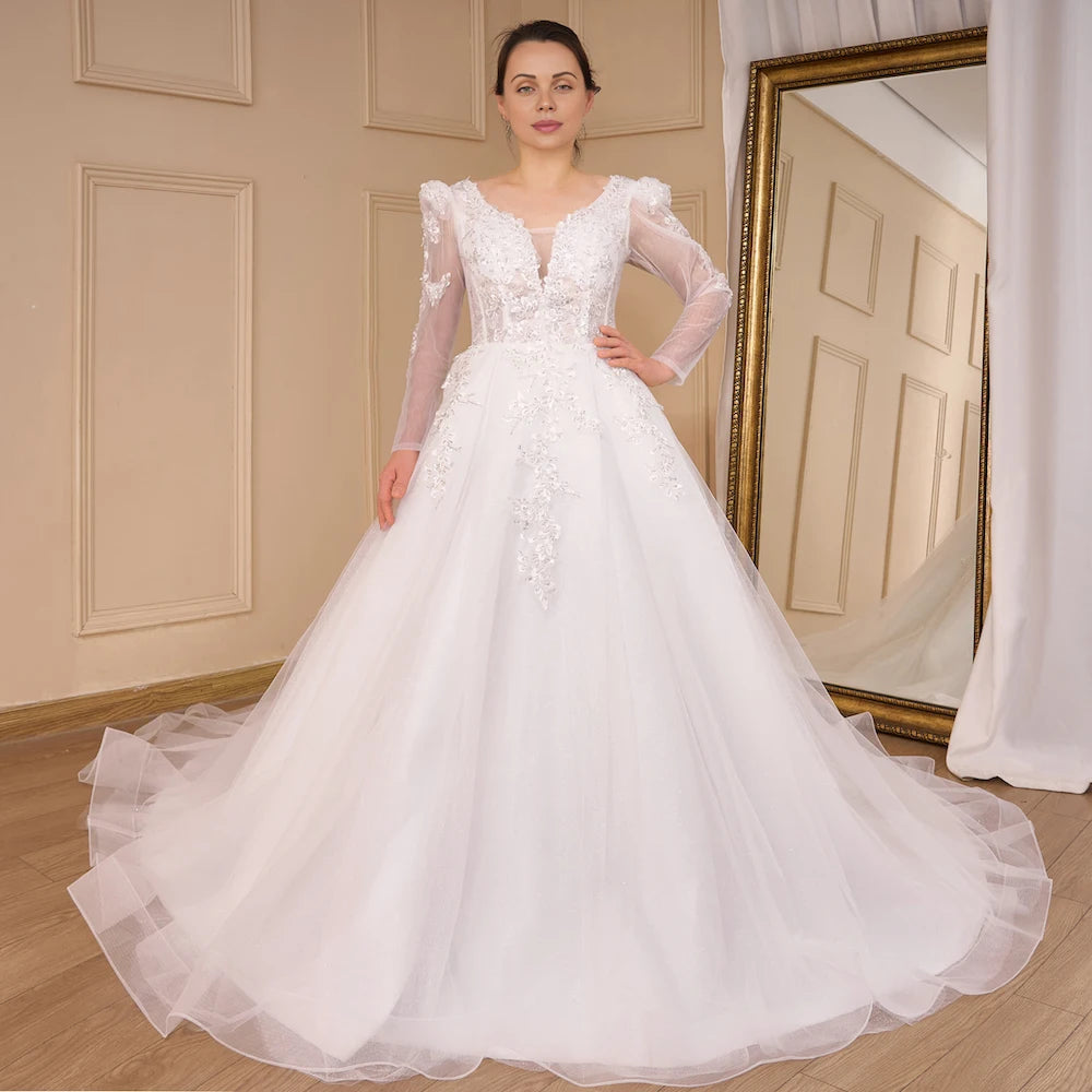 Elegant A line Wedding Dress long sleeve lace beading bride dress heuloria Elegant A line Wedding Dress long sleeve lace beading bride dress heuloria