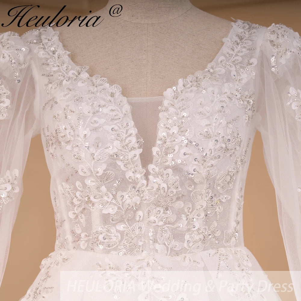 HEULORIA Elegant lace beading Wedding Dress long sleeve sweetheart long train Wedding Bridal dress AL-778