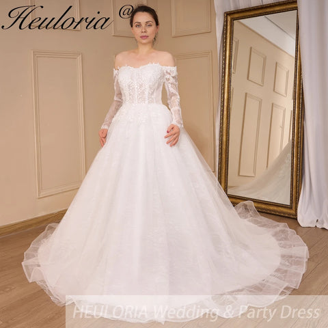 HEULORIA Elegant lace beading Wedding Dress long sleeve sweetheart long train Wedding Bridal dress