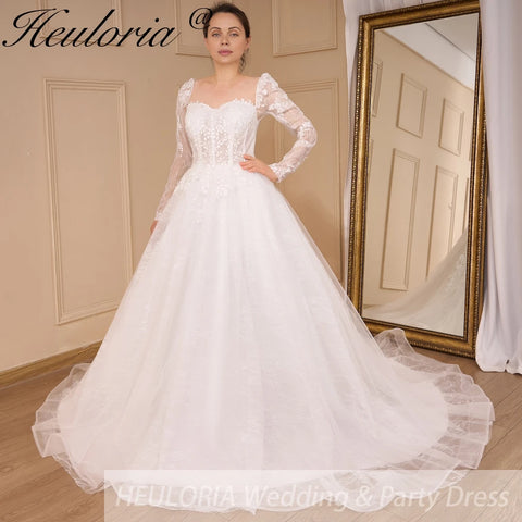 HEULORIA Elegant lace beading Wedding Dress long sleeve sweetheart long train Wedding Bridal dress