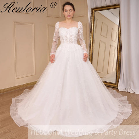 HEULORIA Elegant lace beading Wedding Dress long sleeve sweetheart long train Wedding Bridal dress