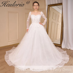 HEULORIA Elegant lace beading Wedding Dress long sleeve sweetheart long train Wedding Bridal dress