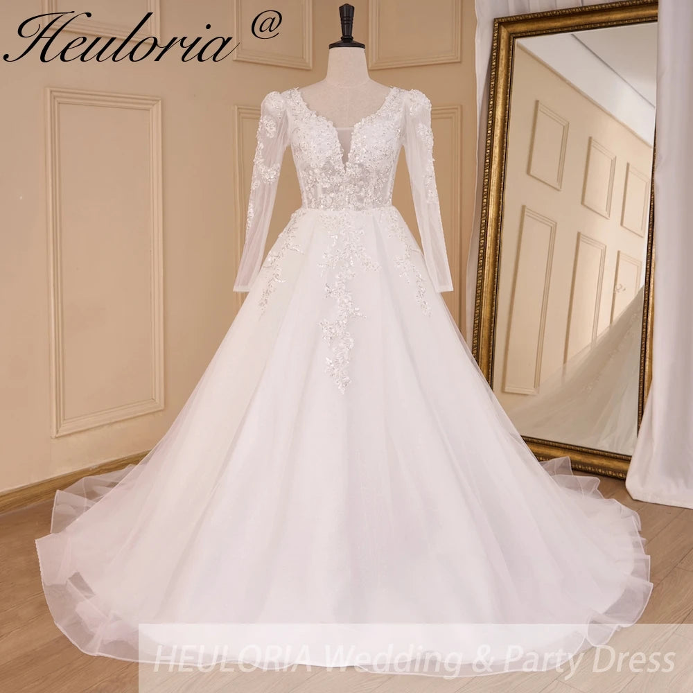 HEULORIA Elegant lace beading Wedding Dress long sleeve sweetheart long train Wedding Bridal dress AL-778