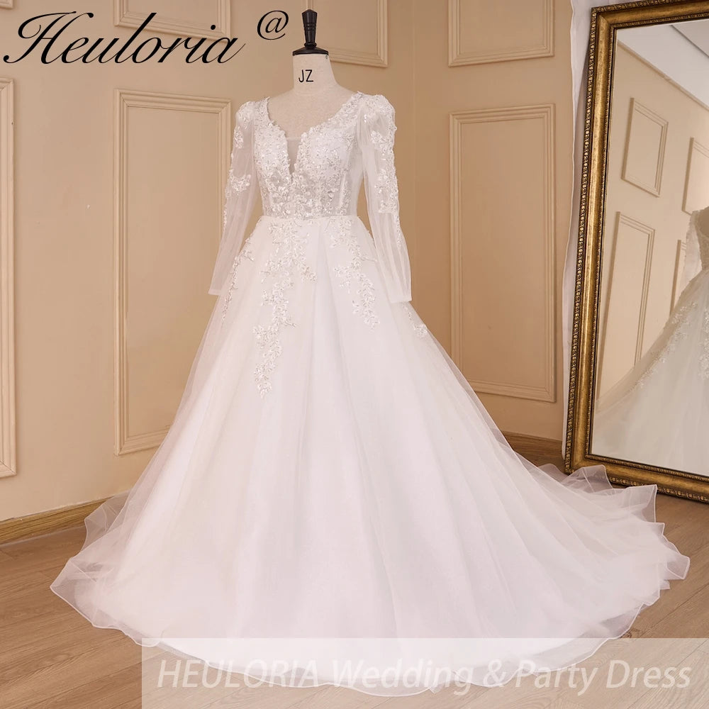 HEULORIA Elegant lace beading Wedding Dress long sleeve sweetheart long train Wedding Bridal dress AL-778