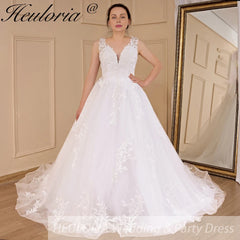 HEULORIA Elegant princess Wedding dress V neck long train lace applique bridal gown Robe De Mariee Wedding Bride Dress BA-609A