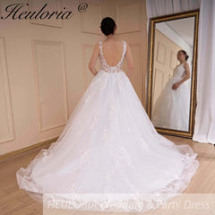 HEULORIA Elegant princess Wedding dress V neck long train lace applique bridal gown Robe De Mariee Wedding Bride Dress BA-609A