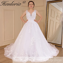 HEULORIA Elegant princess Wedding dress V neck long train lace applique bridal gown Robe De Mariee Wedding Bride Dress BA-609A