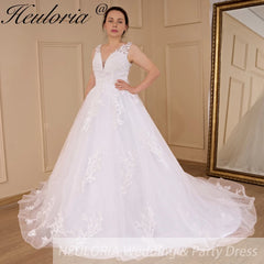 HEULORIA Elegant princess Wedding dress V neck long train lace applique bridal gown Robe De Mariee Wedding Bride Dress BA-609A