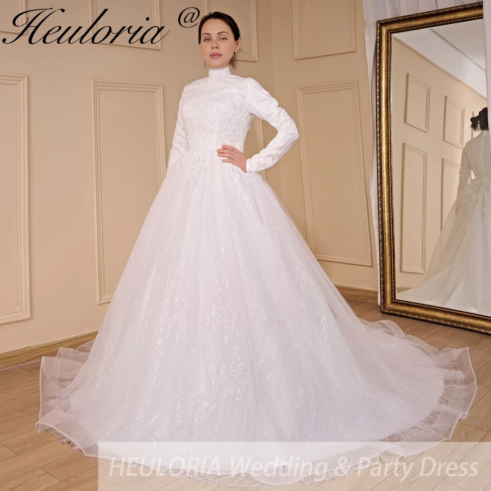 HEULORIA Luxury Princess Wedding Dress long sleeve bridal dress Plus size Lace Bride Robe De Mariee Muslim Wedding dress BA-796