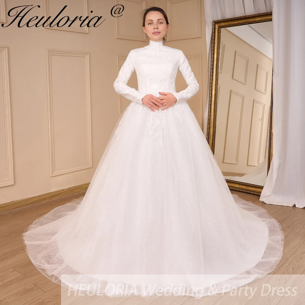 HEULORIA Luxury Princess Wedding Dress long sleeve bridal dress Plus size Lace Bride Robe De Mariee Muslim Wedding dress BA-792