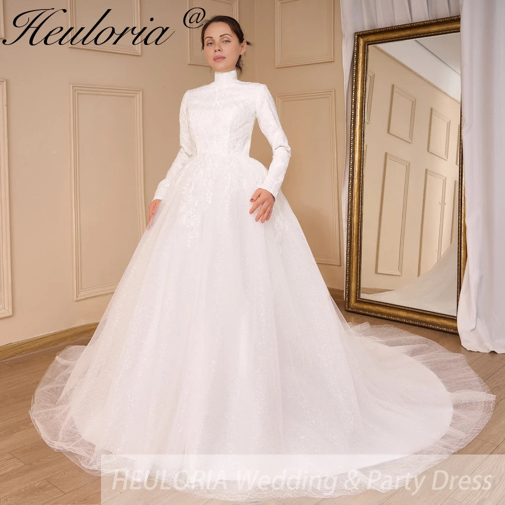 HEULORIA Luxury Princess Wedding Dress long sleeve bridal dress Plus size Lace Bride Robe De Mariee Muslim Wedding dress BA-792