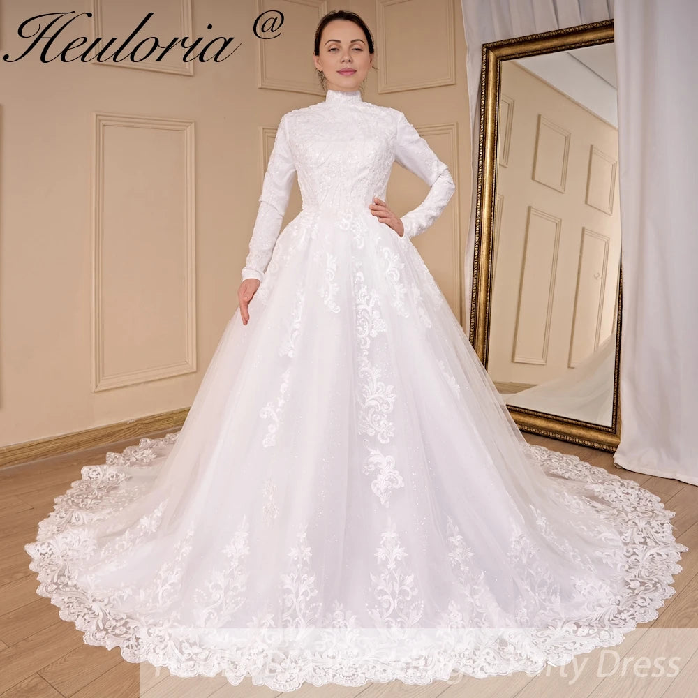 HEULORIA Luxury Princess Wedding Dress long sleeve bridal dress Plus size Lace Bride Robe De Mariee Muslim Wedding dress BA-794