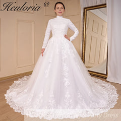 HEULORIA Luxury Princess Wedding Dress long sleeve bridal dress Plus size Lace Bride Robe De Mariee Muslim Wedding dress BA-794