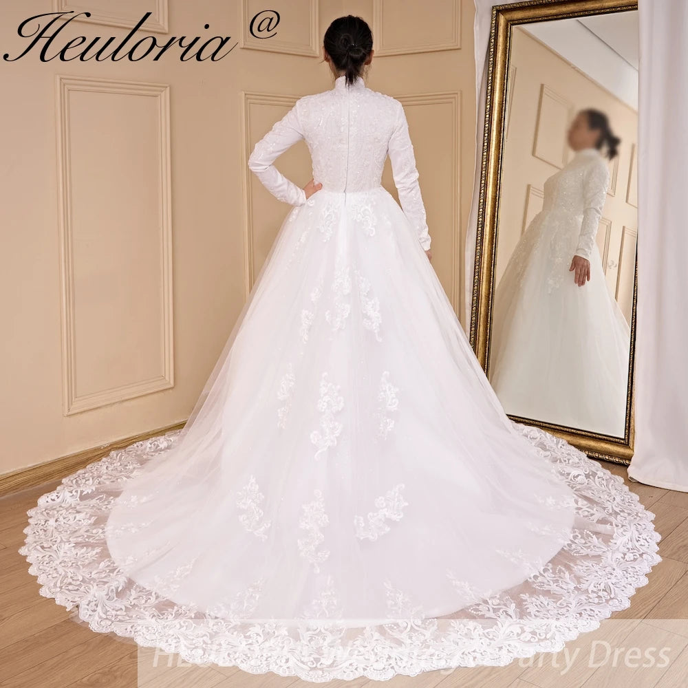 HEULORIA Luxury Princess Wedding Dress long sleeve bridal dress Plus size Lace Bride Robe De Mariee Muslim Wedding dress BA-794