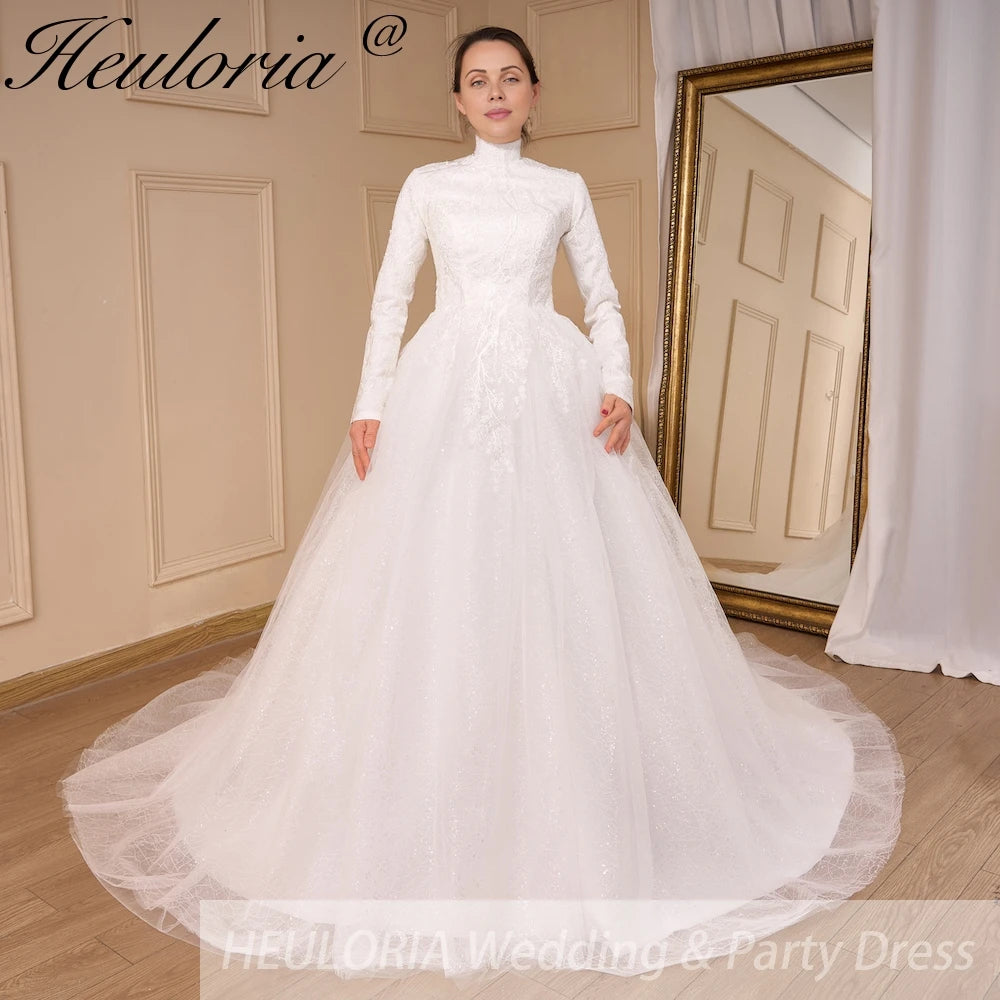 HEULORIA Luxury Princess Wedding Dress long sleeve bridal dress Plus size Lace Bride Robe De Mariee Muslim Wedding dress BA-792