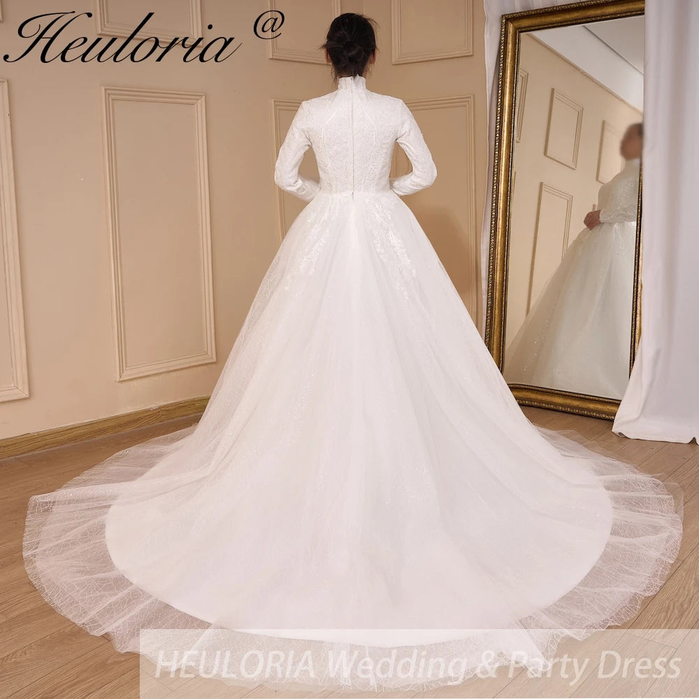 HEULORIA Luxury Princess Wedding Dress long sleeve bridal dress Plus size Lace Bride Robe De Mariee Muslim Wedding dress BA-792