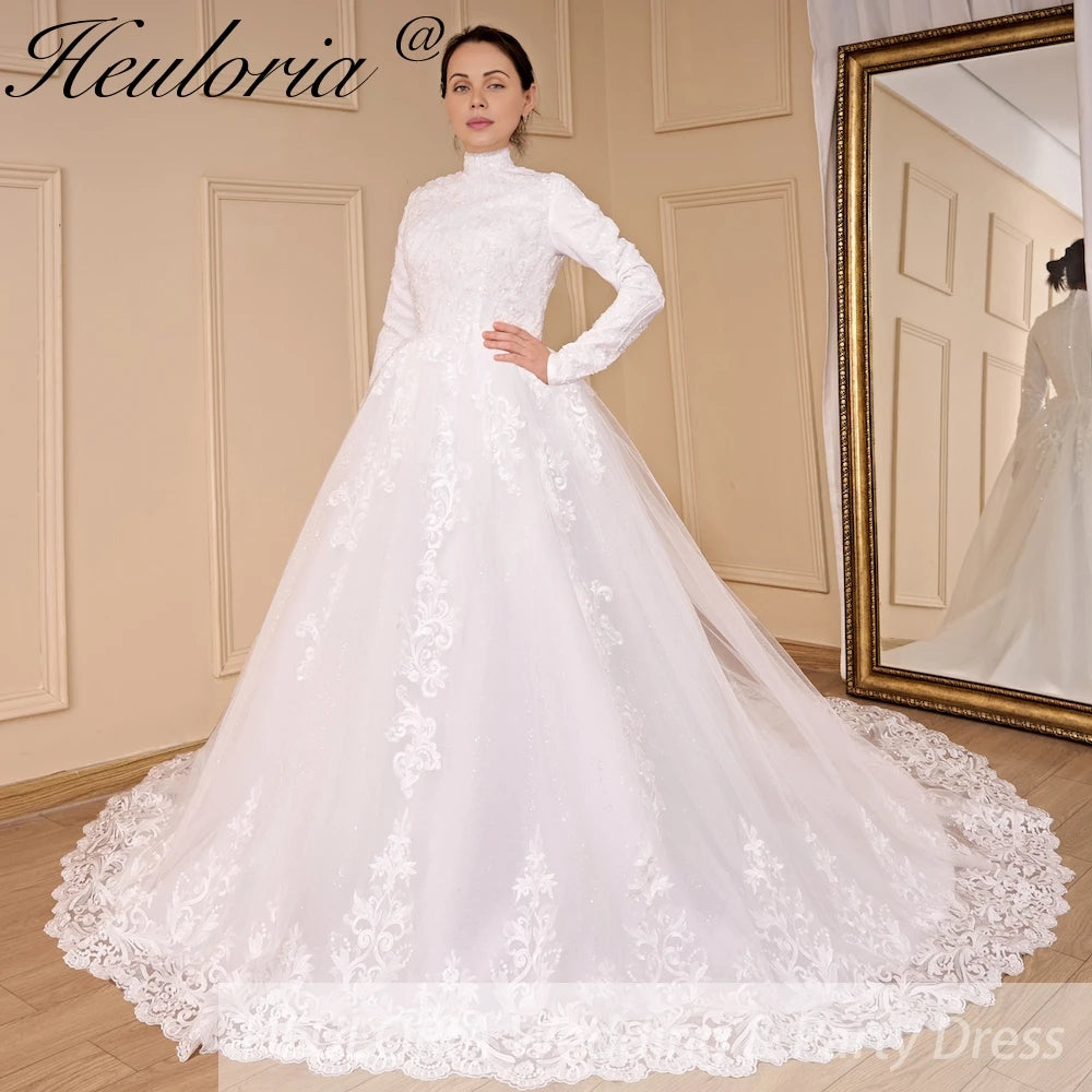 HEULORIA Luxury Princess Wedding Dress long sleeve bridal dress Plus size Lace Bride Robe De Mariee Muslim Wedding dress BA-794