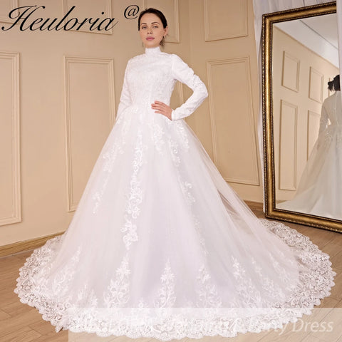 HEULORIA Luxury Princess Wedding Dress long sleeve bridal dress Plus size Lace Bride Robe De Mariee Muslim Wedding dress