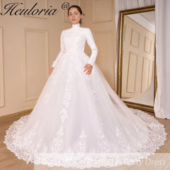 HEULORIA Luxury Princess Wedding Dress long sleeve bridal dress Plus size Lace Bride Robe De Mariee Muslim Wedding dress BA-795