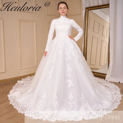 HEULORIA Luxury Princess Wedding Dress long sleeve bridal dress Plus size Lace Bride Robe De Mariee Muslim Wedding dress BA-795