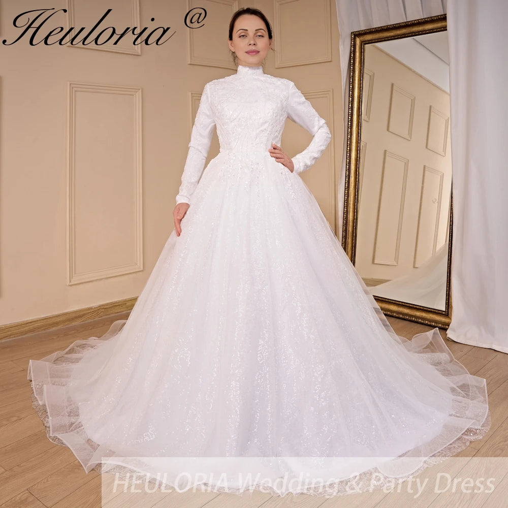 HEULORIA Luxury Princess Wedding Dress long sleeve bridal dress Plus size Lace Bride Robe De Mariee Muslim Wedding dress BA-796 Immagine principale del prodotto