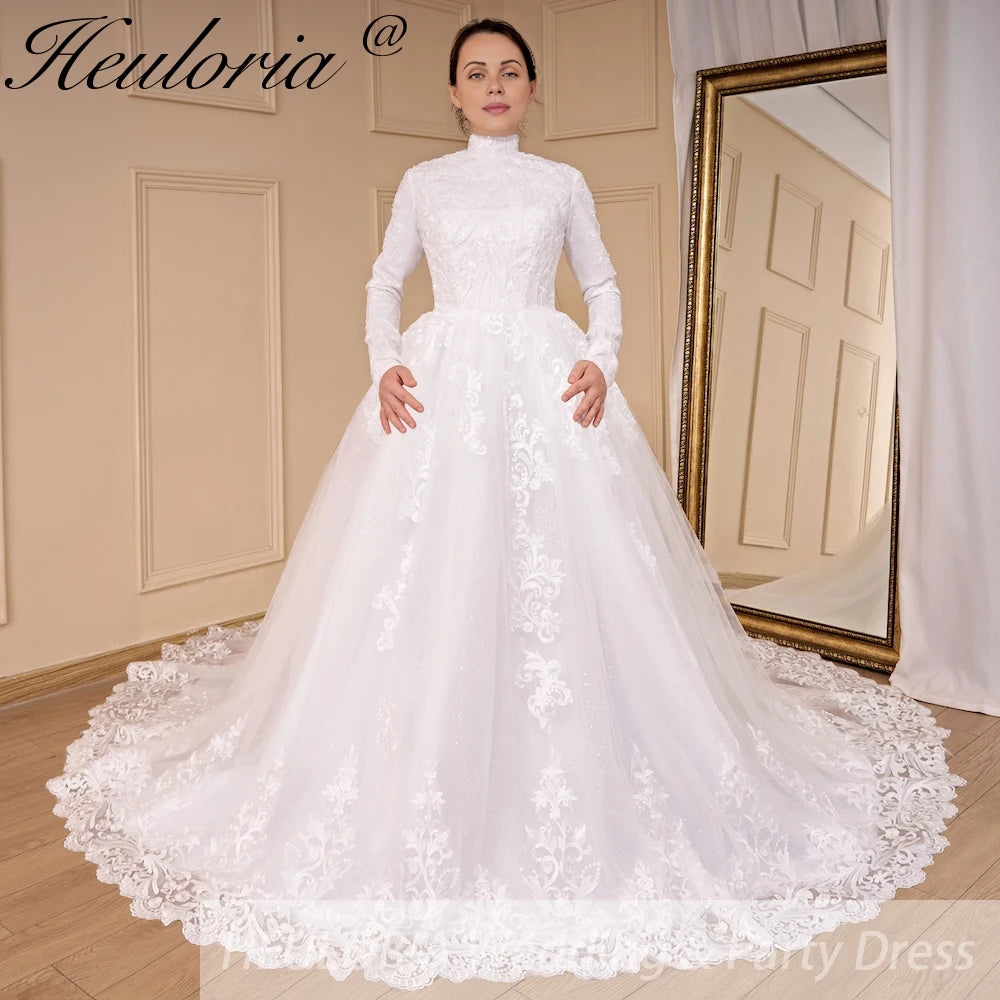 HEULORIA Luxury Princess Wedding Dress long sleeve bridal dress Plus size Lace Bride Robe De Mariee Muslim Wedding dress BA-794