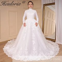 HEULORIA Luxury Princess Wedding Dress long sleeve bridal dress Plus size Lace Bride Robe De Mariee Muslim Wedding dress BA-794