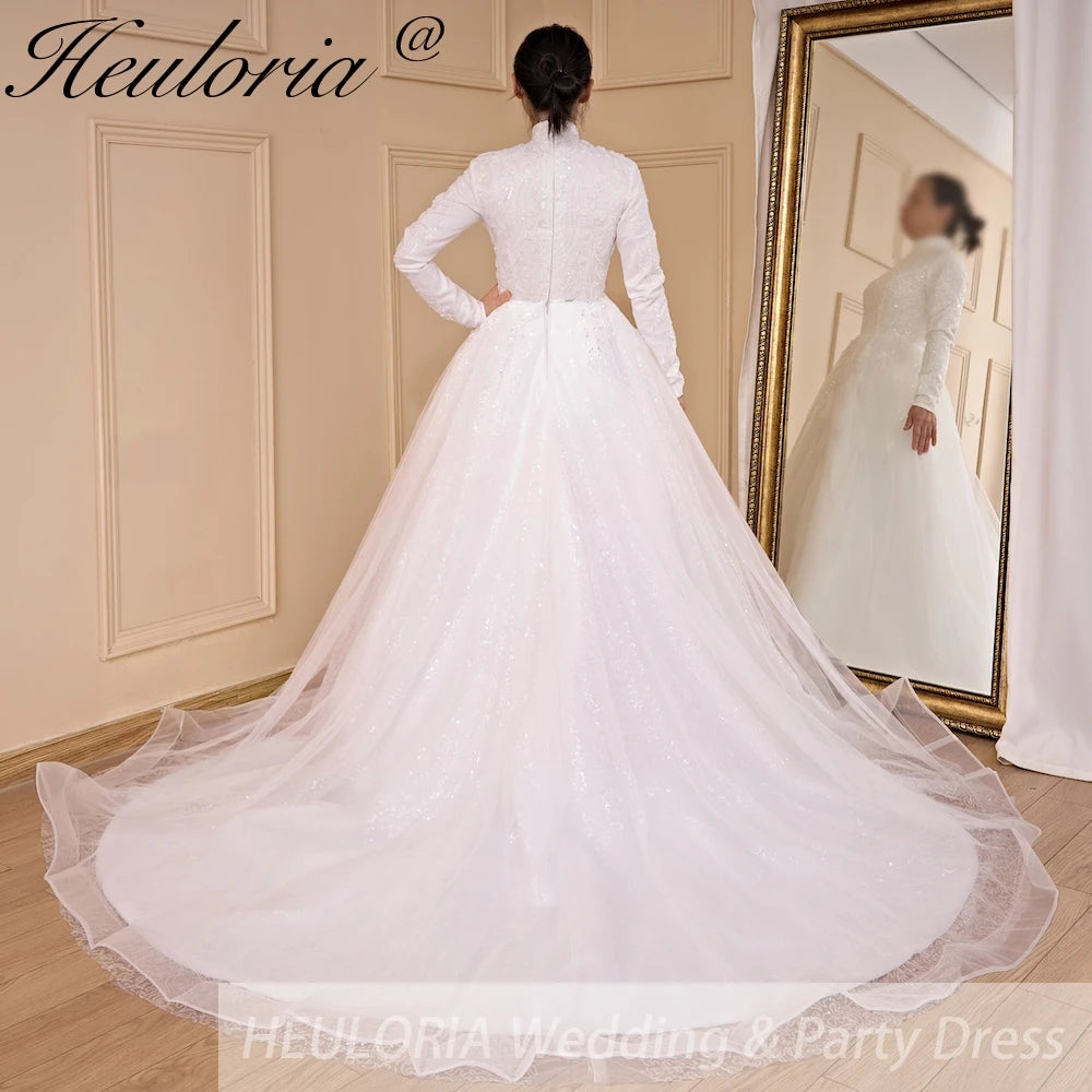 HEULORIA Luxury Princess Wedding Dress long sleeve bridal dress Plus size Lace Bride Robe De Mariee Muslim Wedding dress BA-796