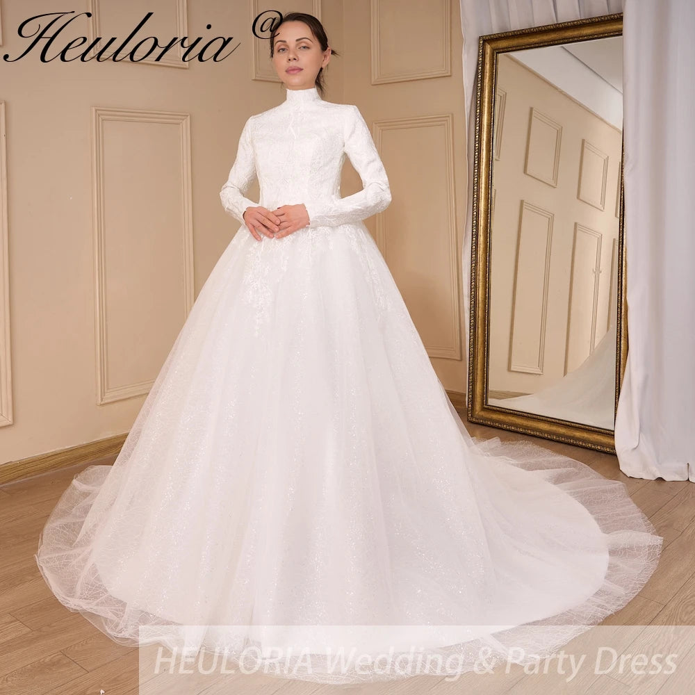 HEULORIA Luxury Princess Wedding Dress long sleeve bridal dress Plus size Lace Bride Robe De Mariee Muslim Wedding dress BA-792