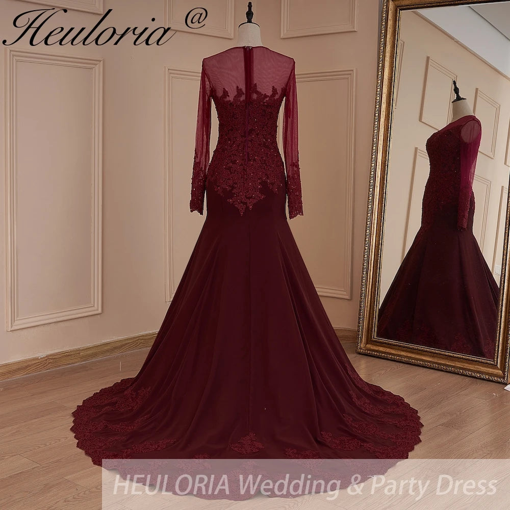 HEULORIA Mermaid Evening Dresses Long sleeve lace applique wedding dress formal prom dress