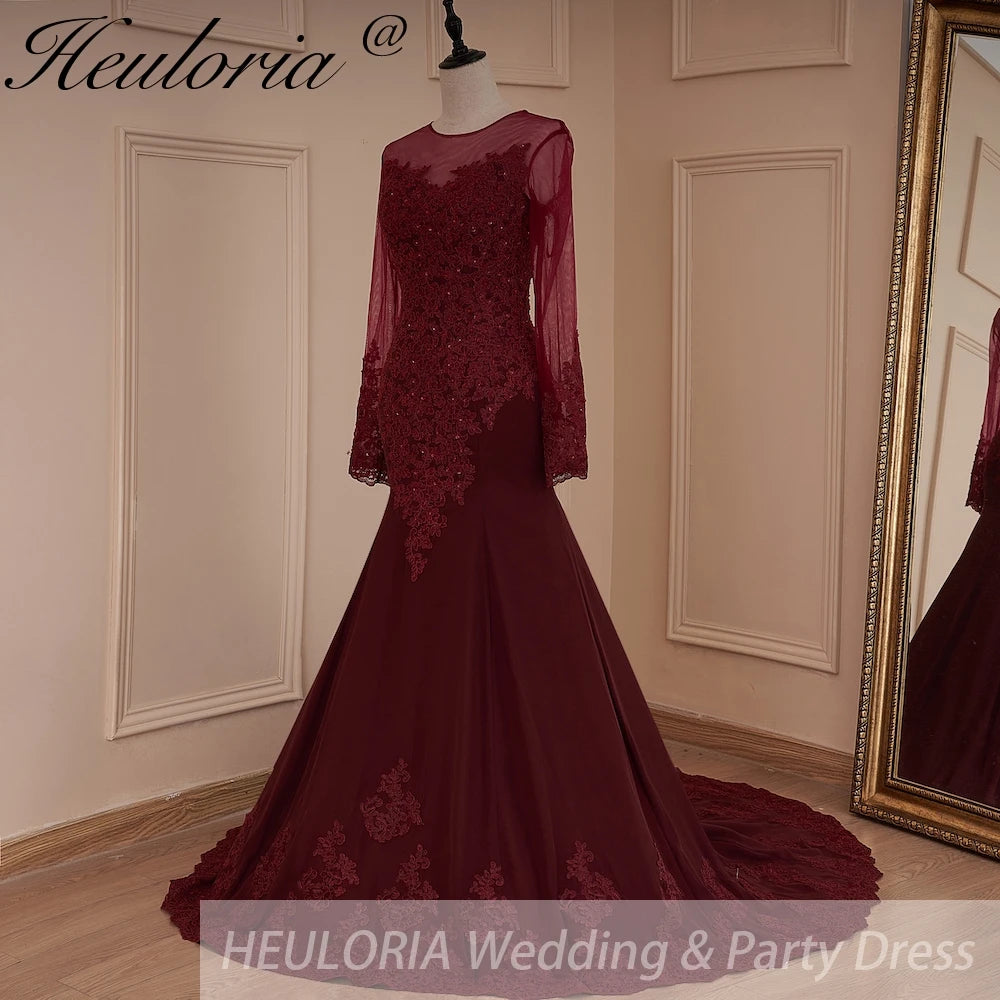 HEULORIA Mermaid Evening Dresses Long sleeve lace applique wedding dress formal prom dress